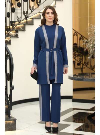 Havin Tesettür Ceket - Pantolon - Bluz 3LÜ Takım - Petrol